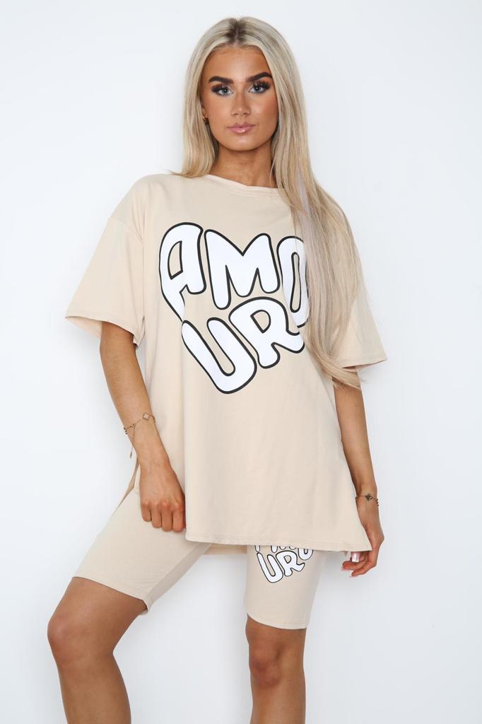 Cycling Short and T-Shirts Co-Ord Two Piece Side Slit Set with Front Printed Slogan - AX Labels