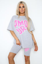 Cycling Short and T-Shirts Co-Ord Two Piece Side Slit Set with Front Printed Slogan - AX Labels