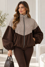 Balloon Sleeve Two Tune Check Funnel Neck Jacket