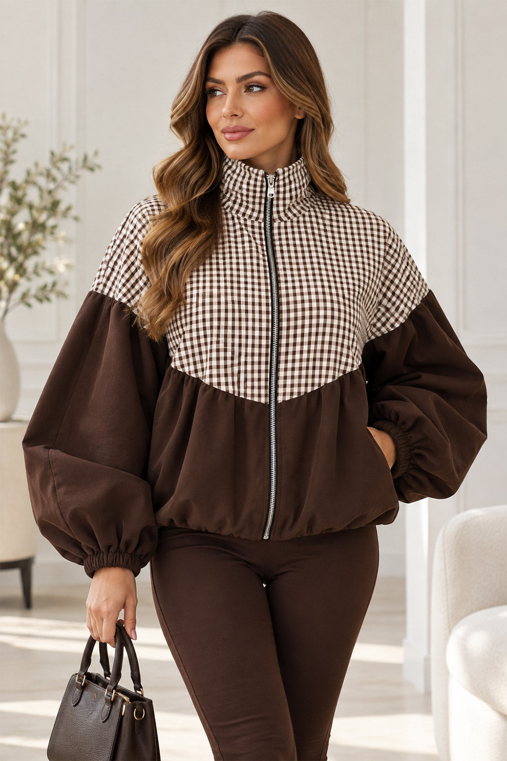 Balloon Sleeve Two Tune Check Funnel Neck Jacket