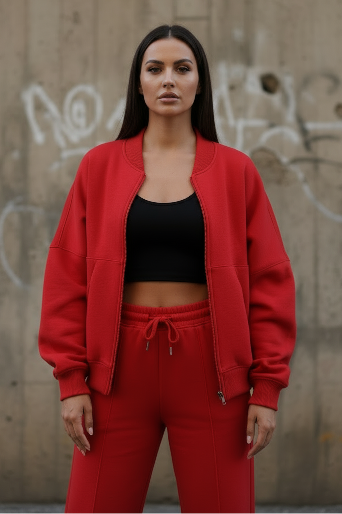 Woman wearing a red tracksuit standing against a graffiti-covered wall.