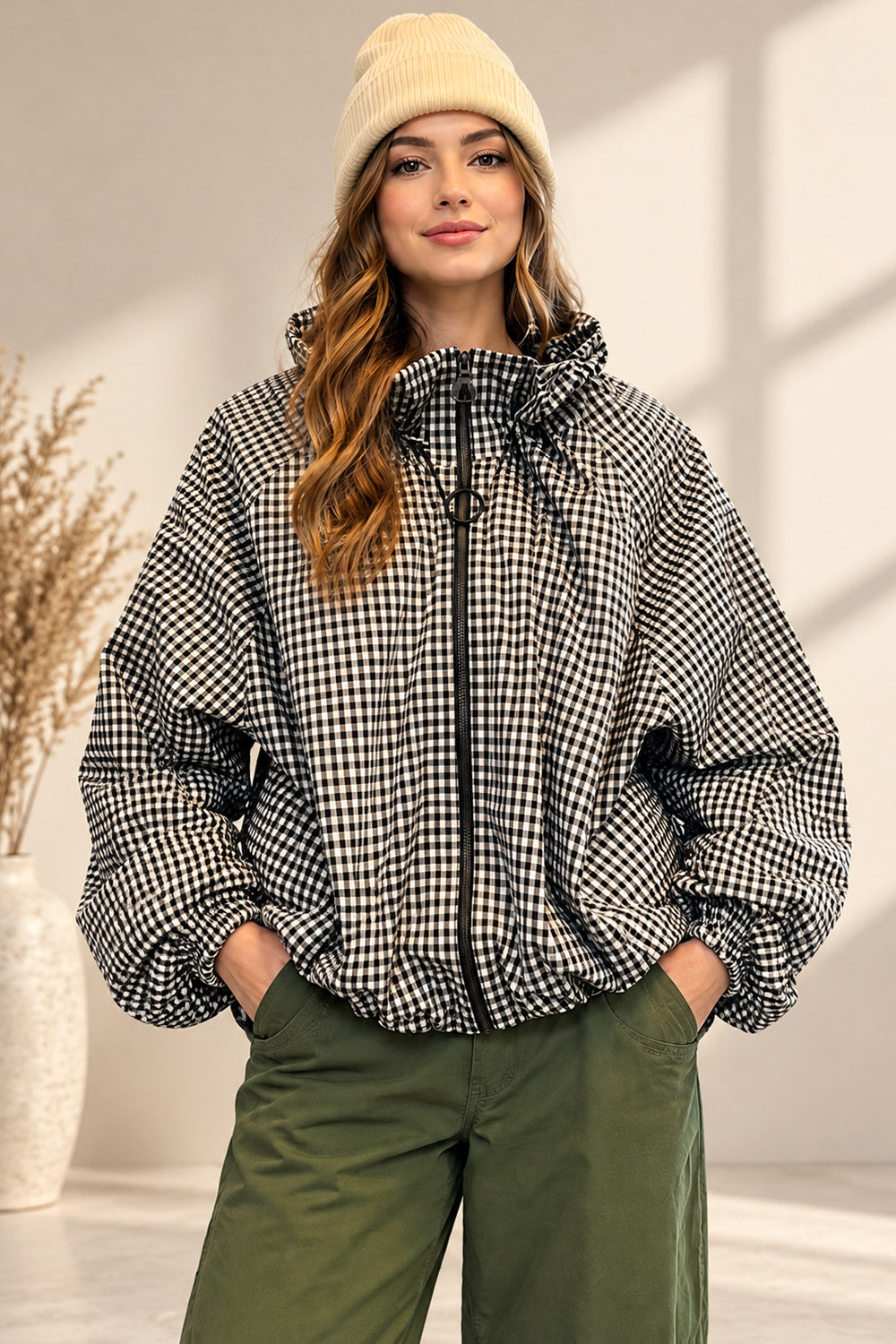 Checkered Cinched Balloon Sleeves Jacket