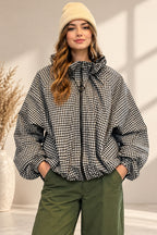 Checkered Cinched Balloon Sleeves Jacket
