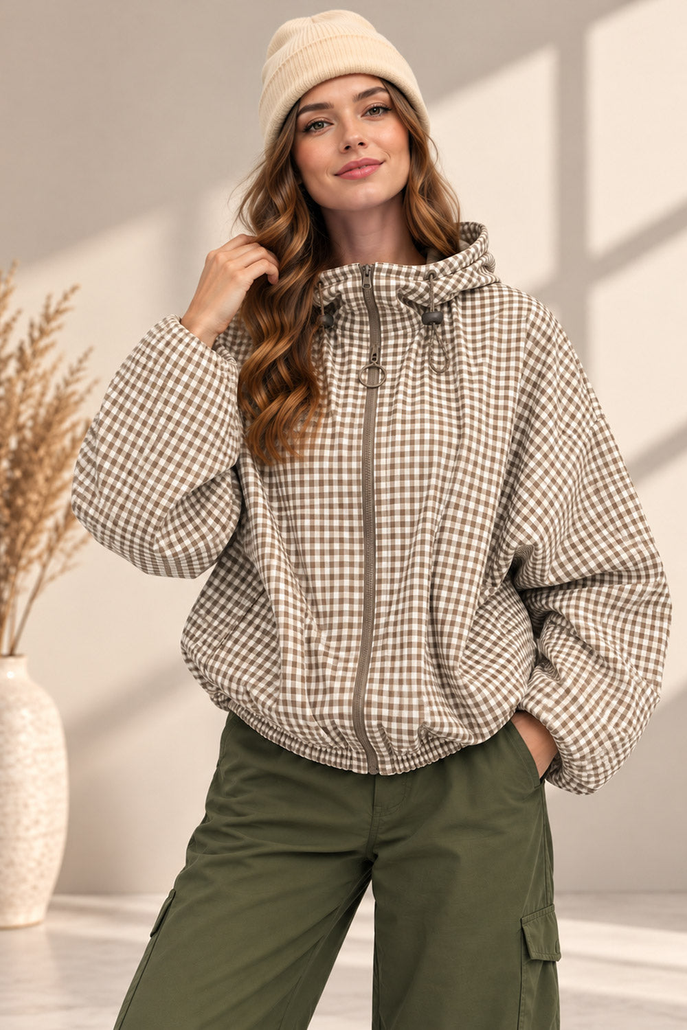 Checkered Cinched Balloon Sleeves Jacket