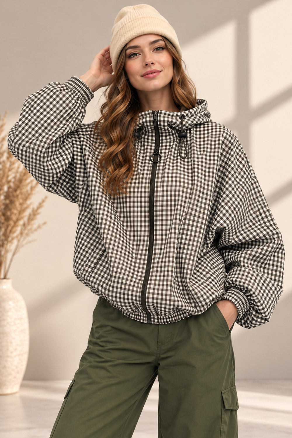 Checkered Cinched Balloon Sleeves Jacket