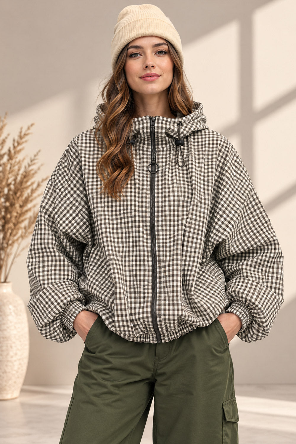 Checkered Cinched Balloon Sleeves Jacket
