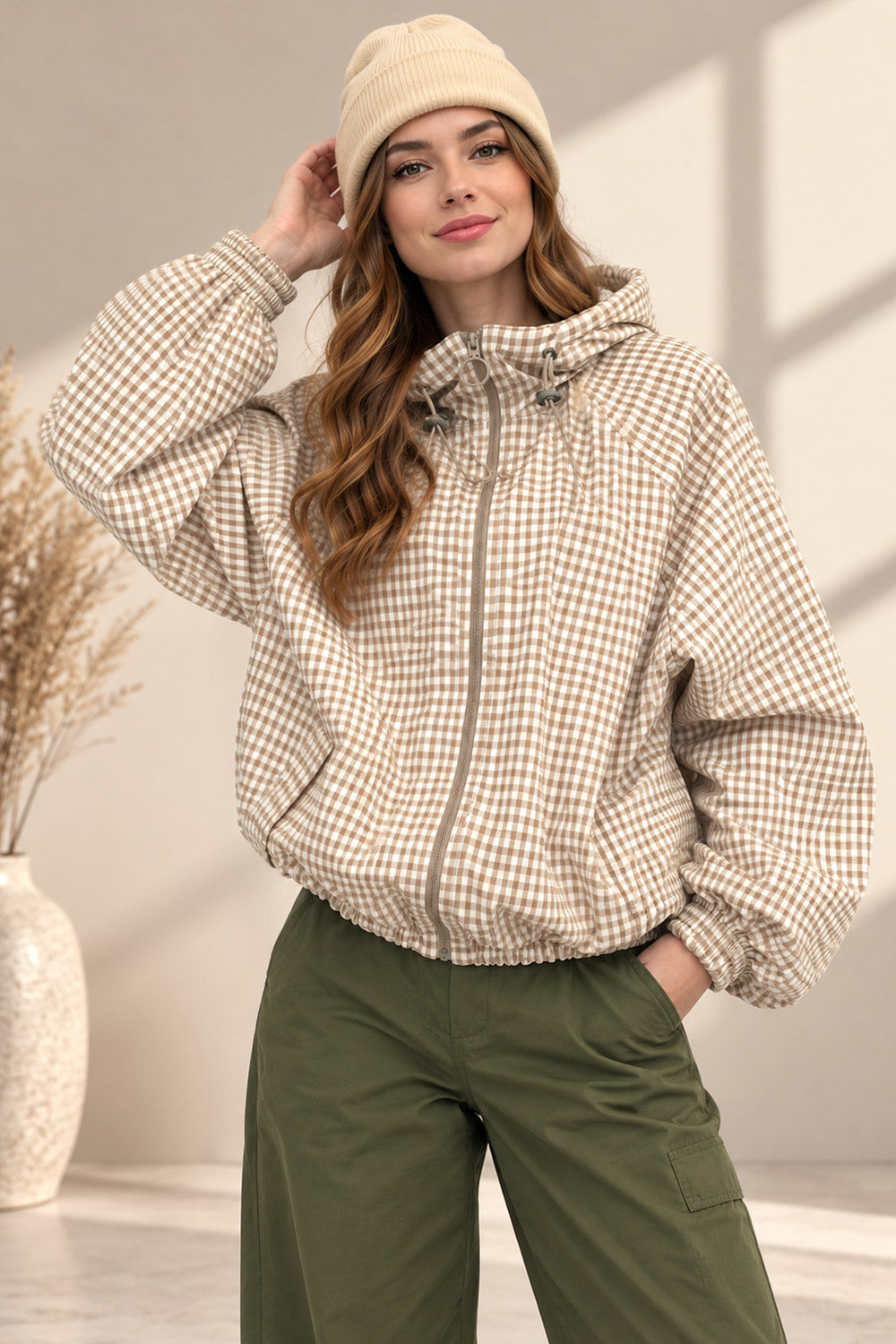 Checkered Cinched Balloon Sleeves Jacket