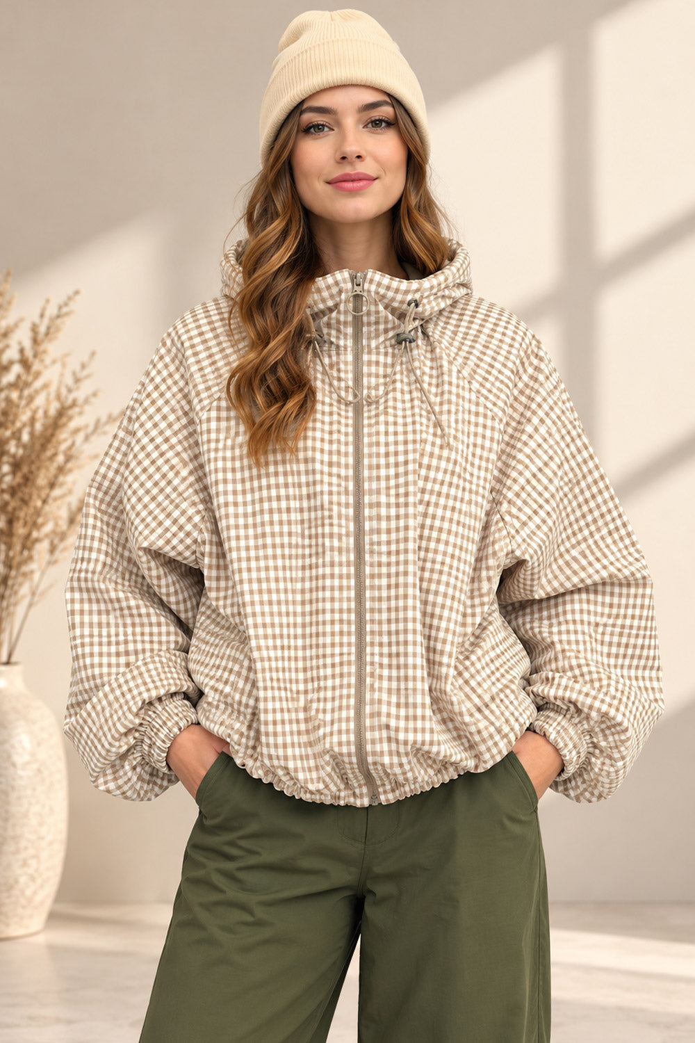 Checkered Cinched Balloon Sleeves Jacket