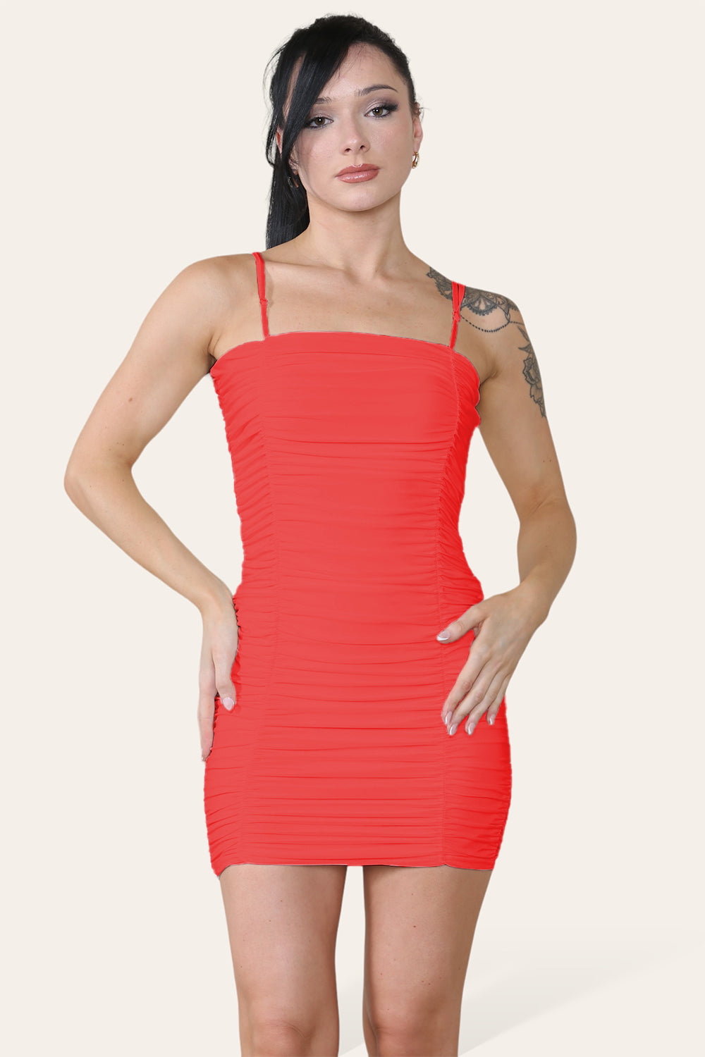 Double Layered Naked Shoulder Ruched Body-Con Cami Dress Mini Style - AX Labels