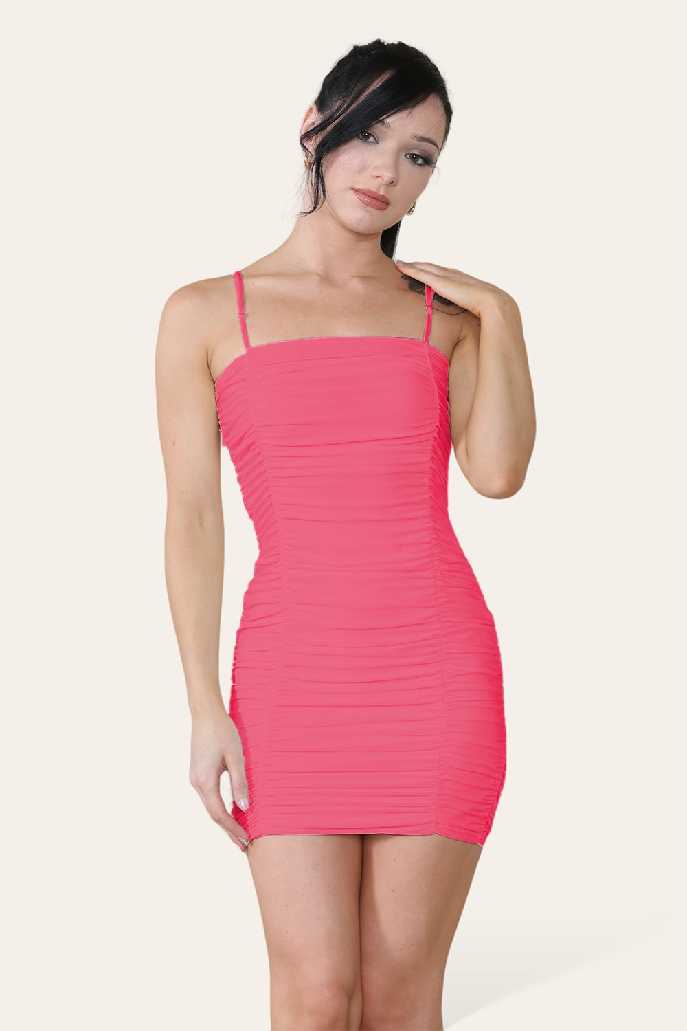 Double Layered Naked Shoulder Ruched Body-Con Cami Dress Mini Style - AX Labels