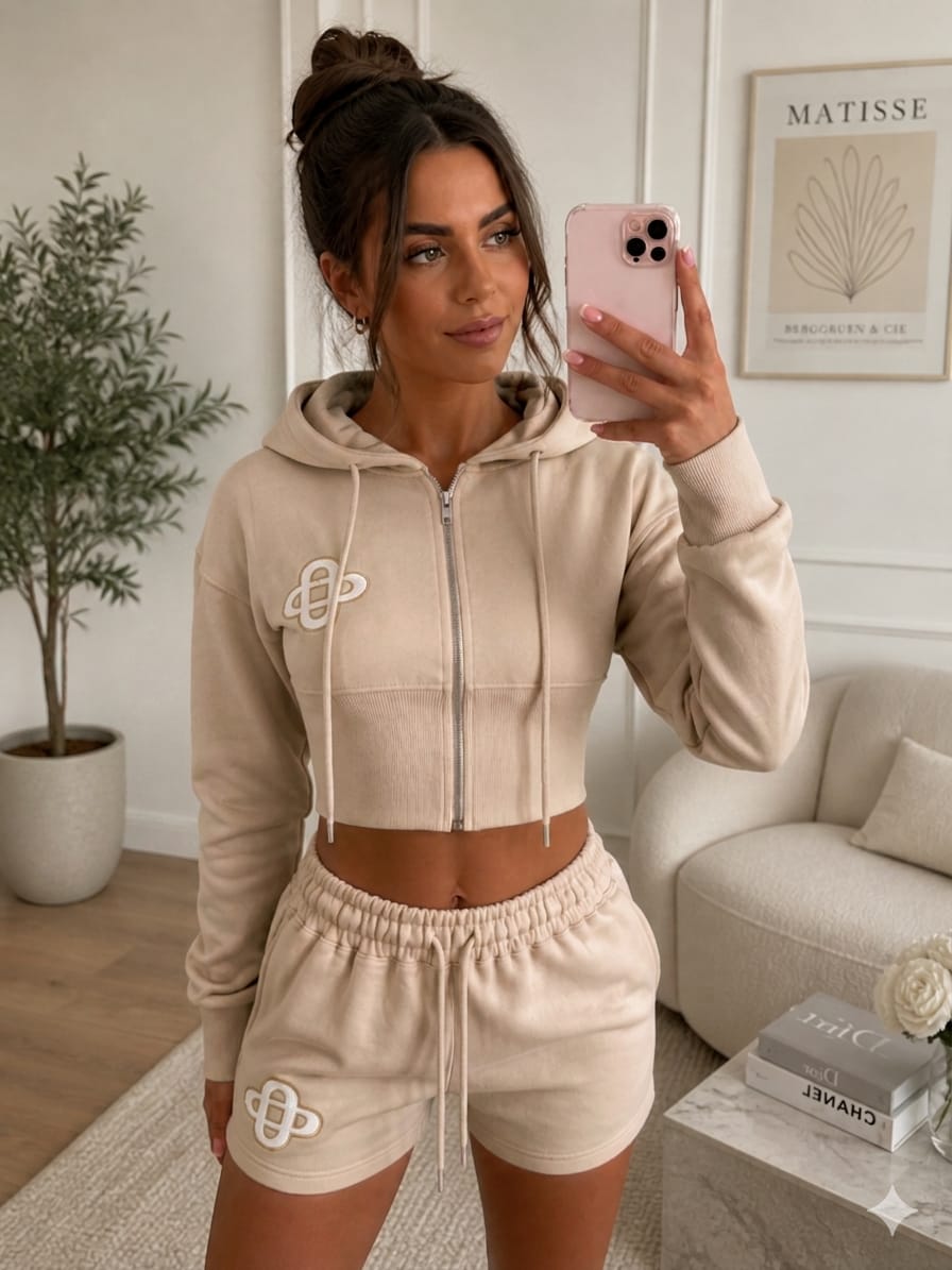 Embroidery Crop Zip Short Set