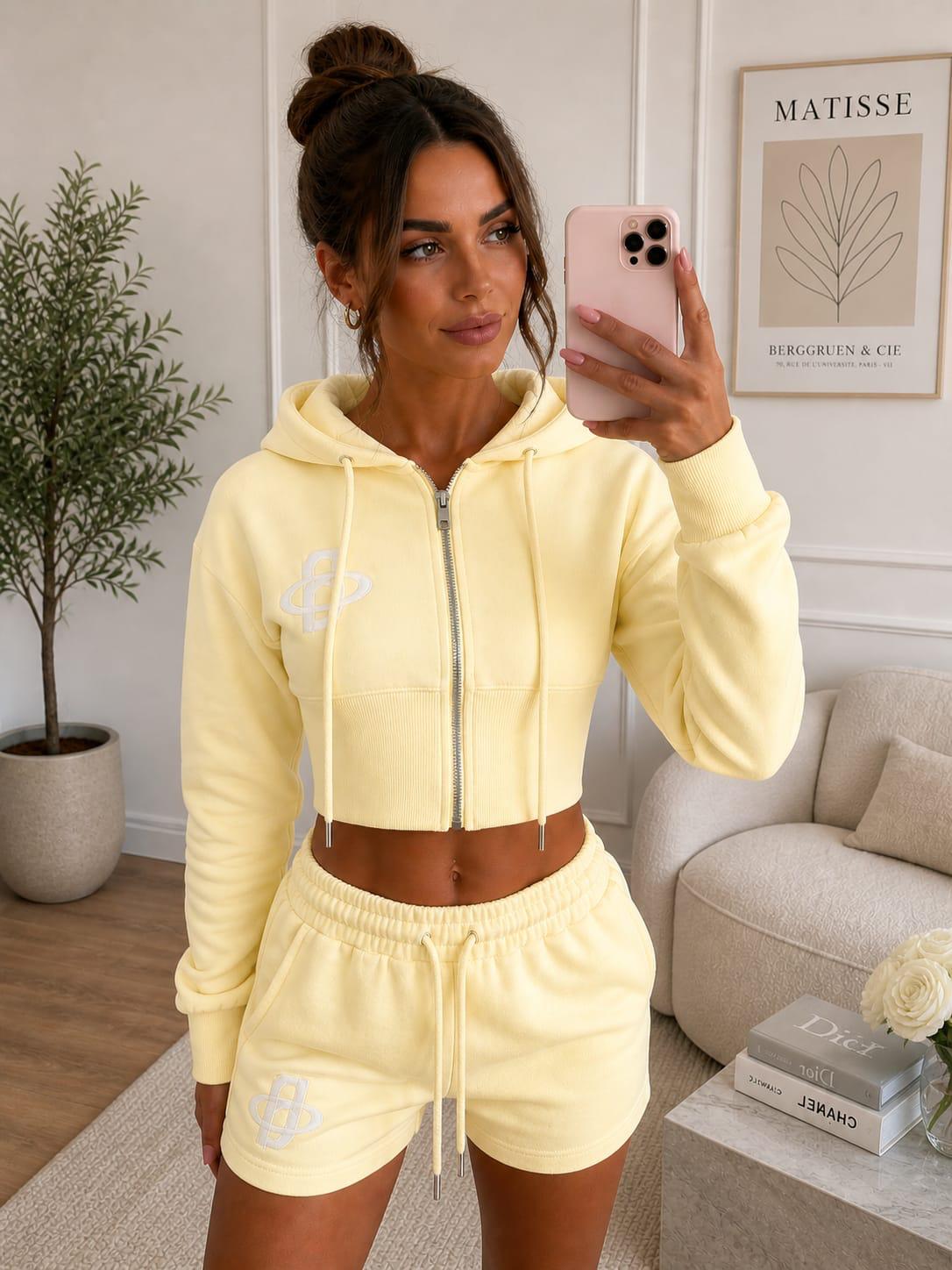 Embroidery Crop Zip Short Set