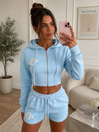 Embroidery Crop Zip Short Set