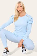 Frilled Sleeves Set Shoulder Golden Button Lounge Wear Suit - AX Labels