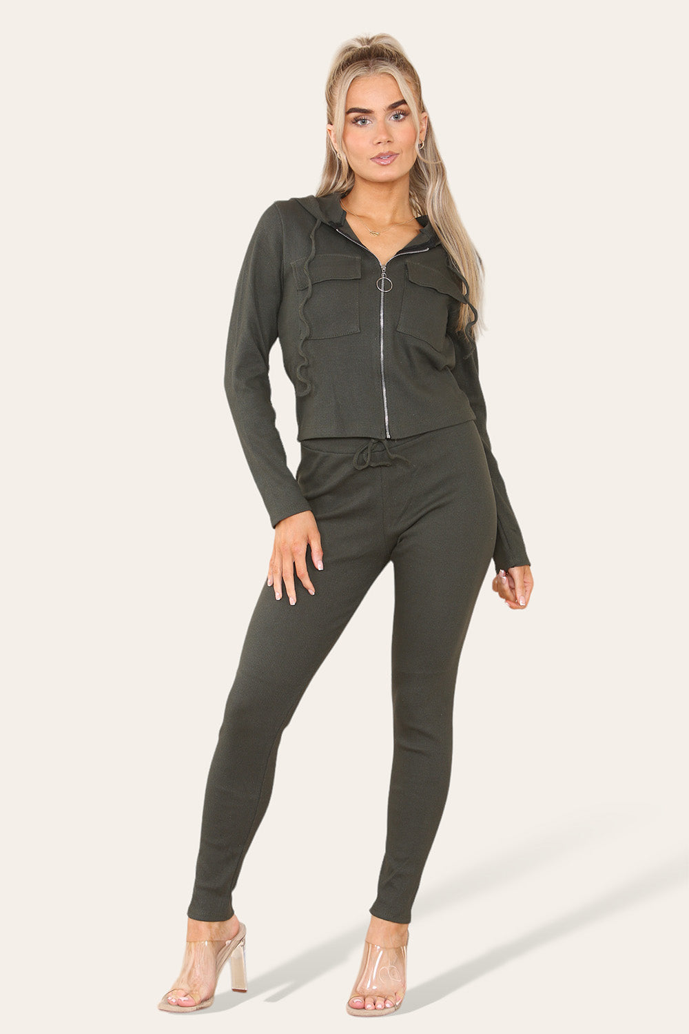 Front Pocket Zip Suit Ribbed Hooded Lounge Wear Set - AX Labels