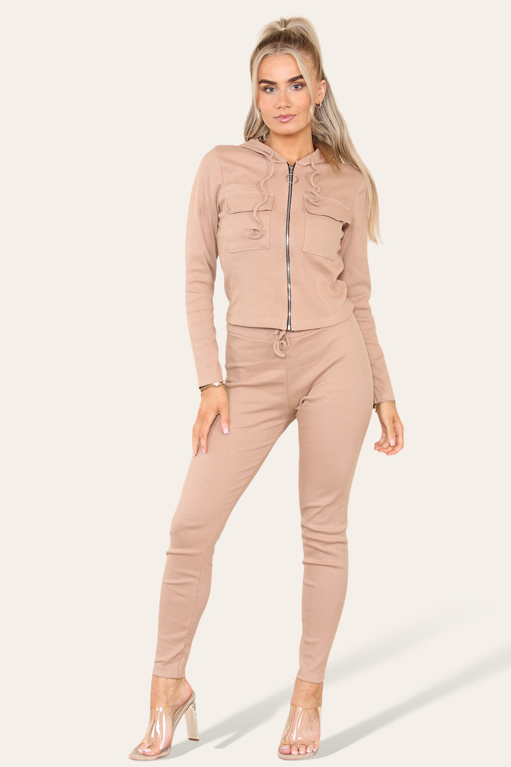 Front Pocket Zip Suit Ribbed Hooded Lounge Wear Set - AX Labels