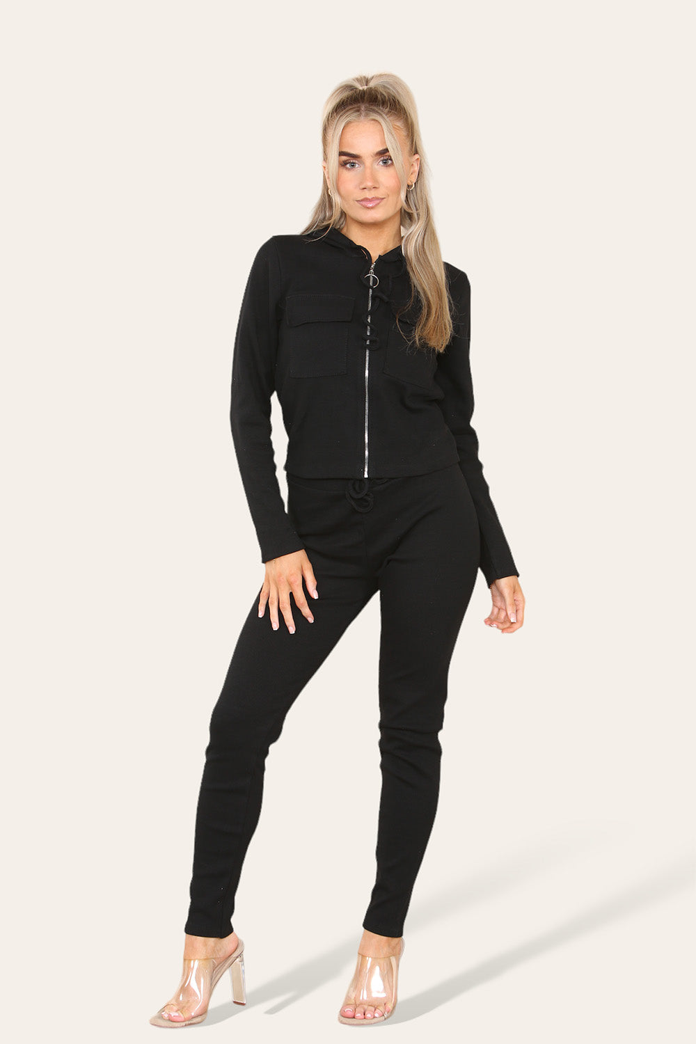 Front Pocket Zip Suit Ribbed Hooded Lounge Wear Set - AX Labels