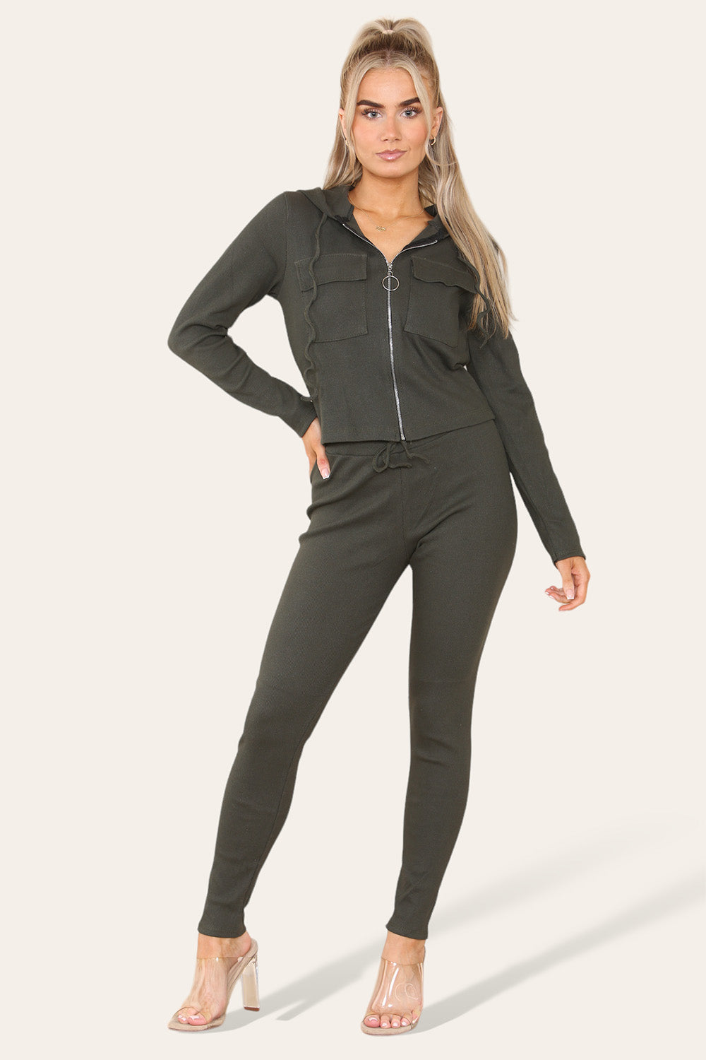 Front Pocket Zip Suit Ribbed Hooded Lounge Wear Set - AX Labels