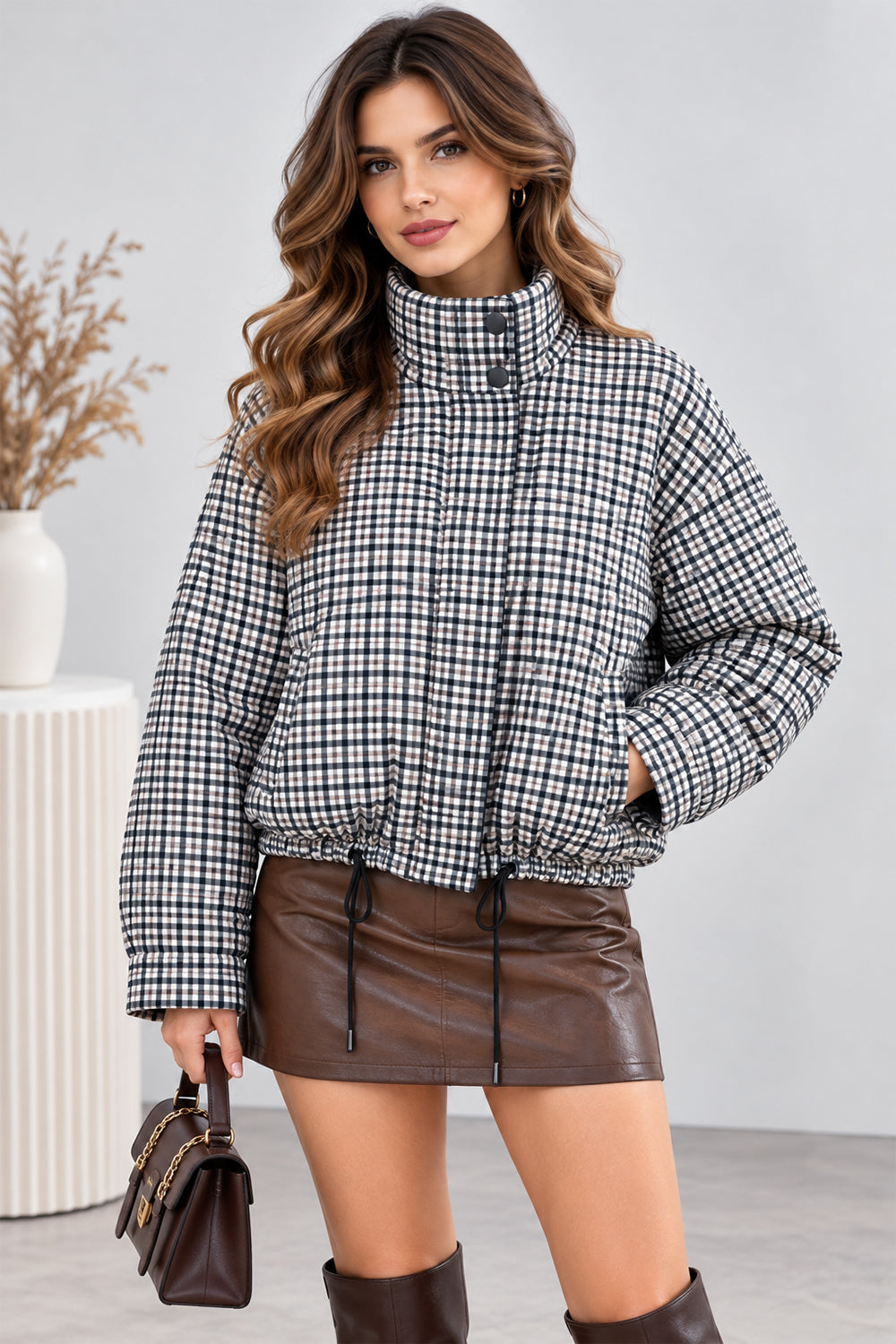 Gingham Funnel Neck Checkered Jacket
