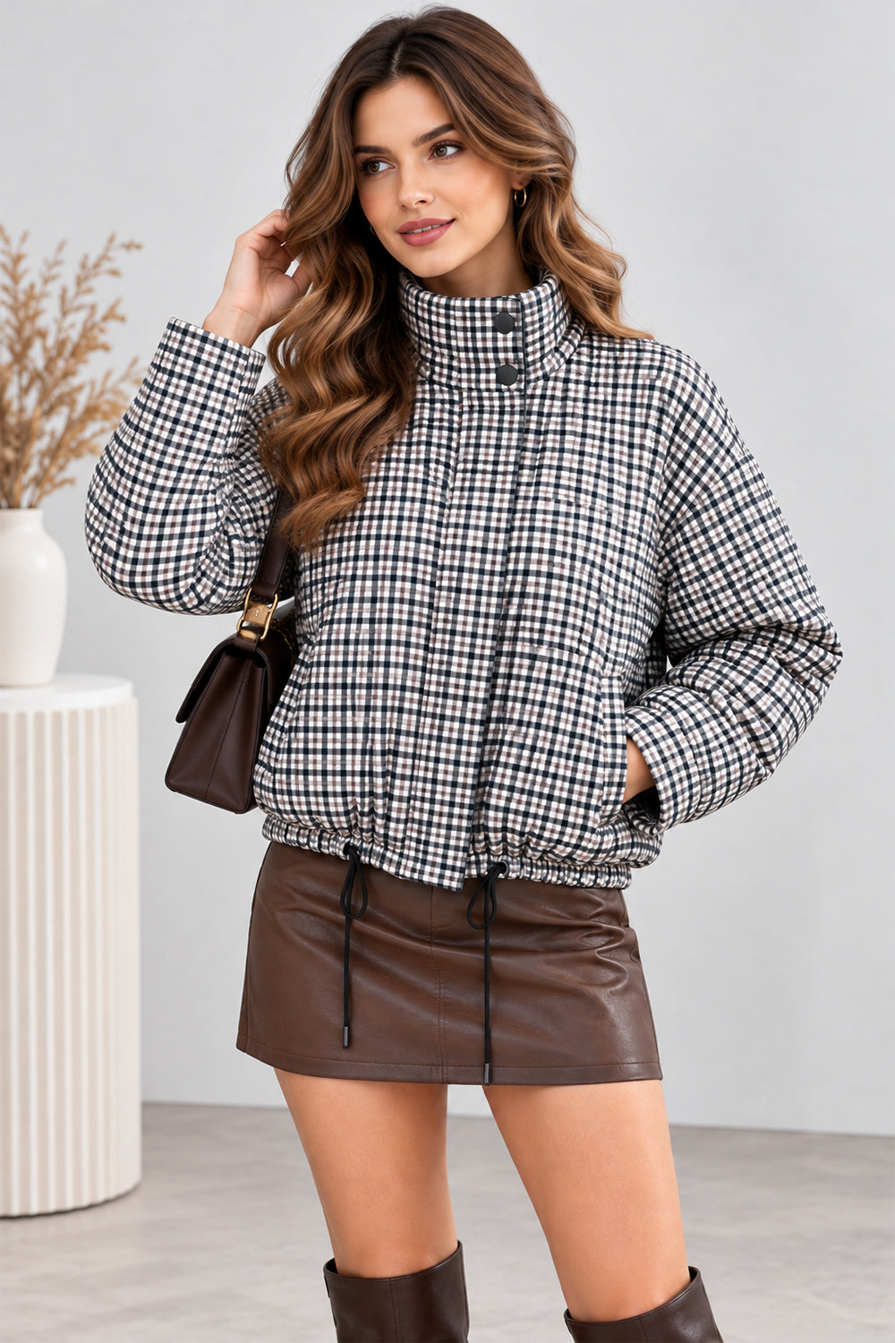 Gingham Funnel Neck Checkered Jacket