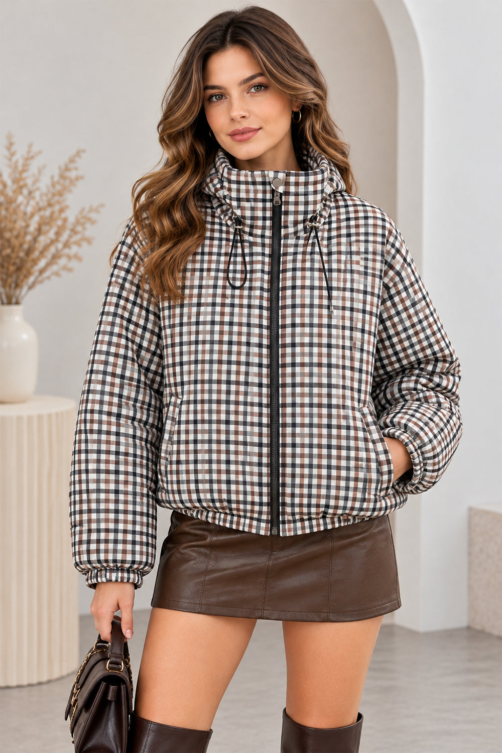 Gingham Funnel Neck Checkered Jacket