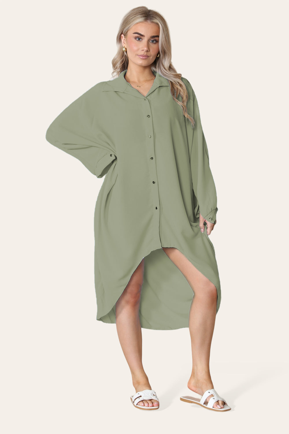 High Low Oversized Button Long Sleeve Top Dress