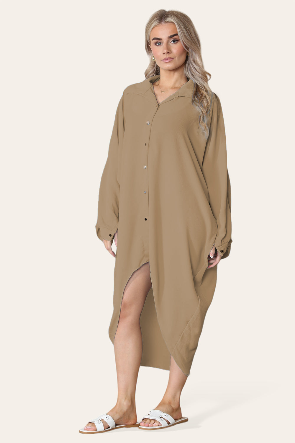 High Low Oversized Button Long Sleeve Top Dress