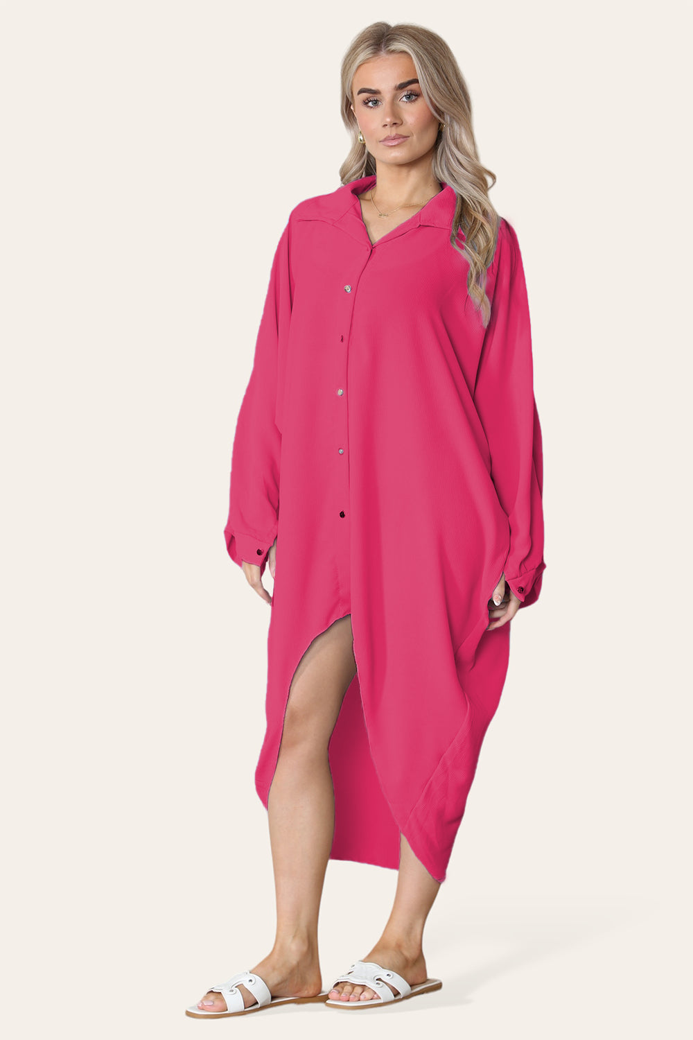 High Low Oversized Button Long Sleeve Top Dress