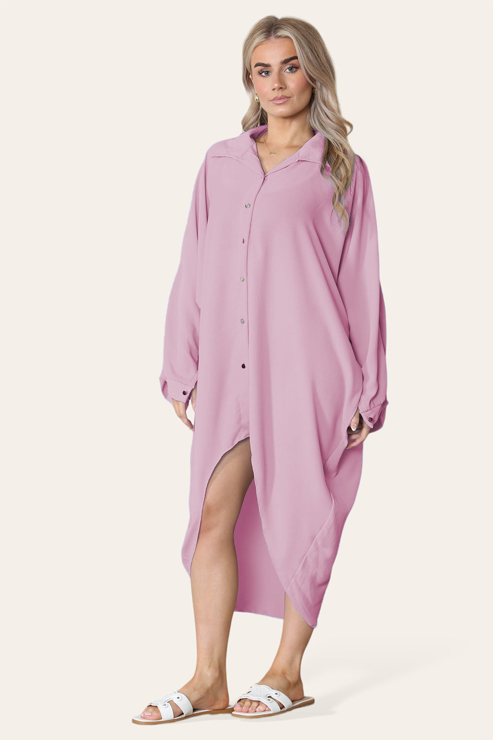 High Low Oversized Button Long Sleeve Top Dress