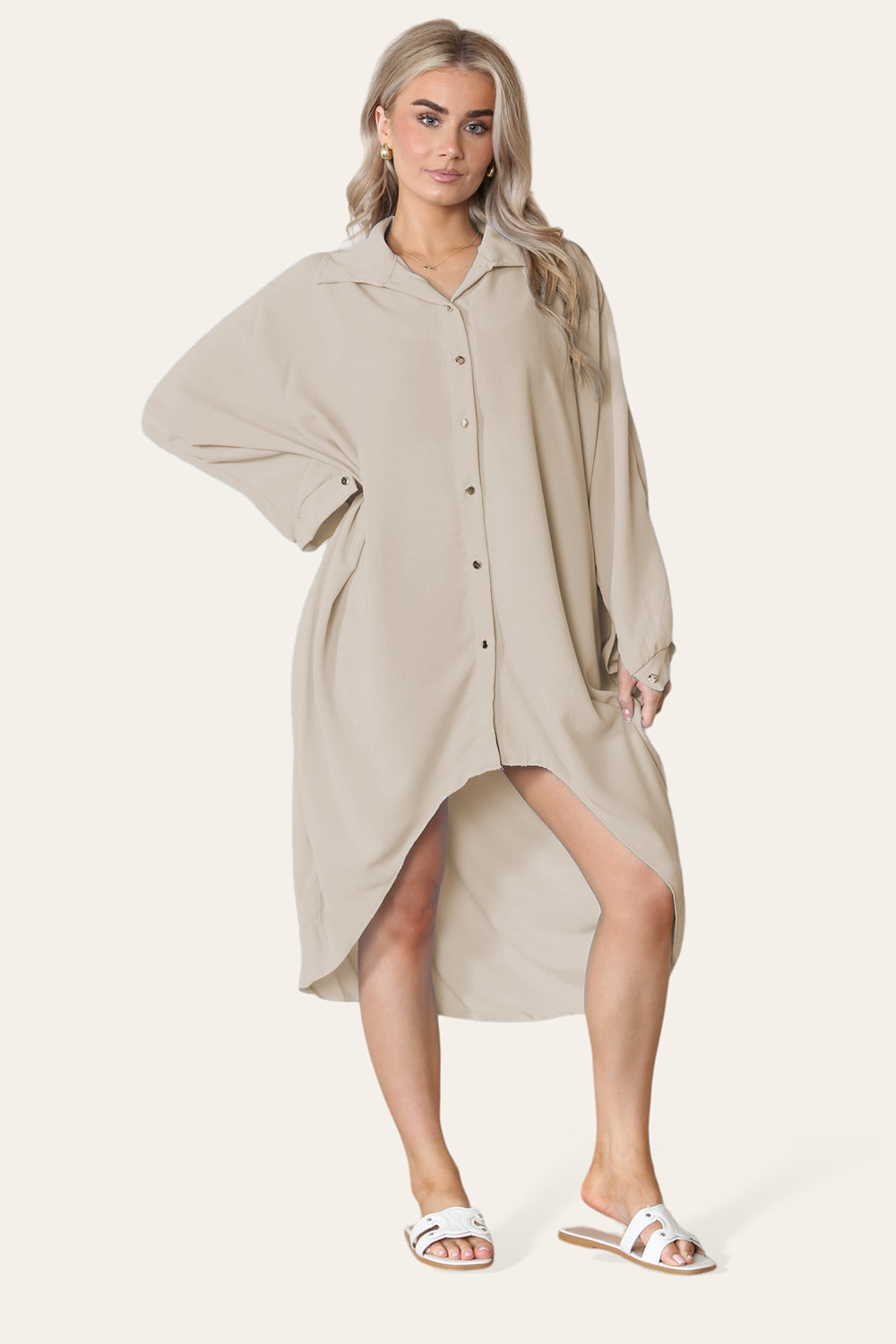 High Low Oversized Button Long Sleeve Top Dress