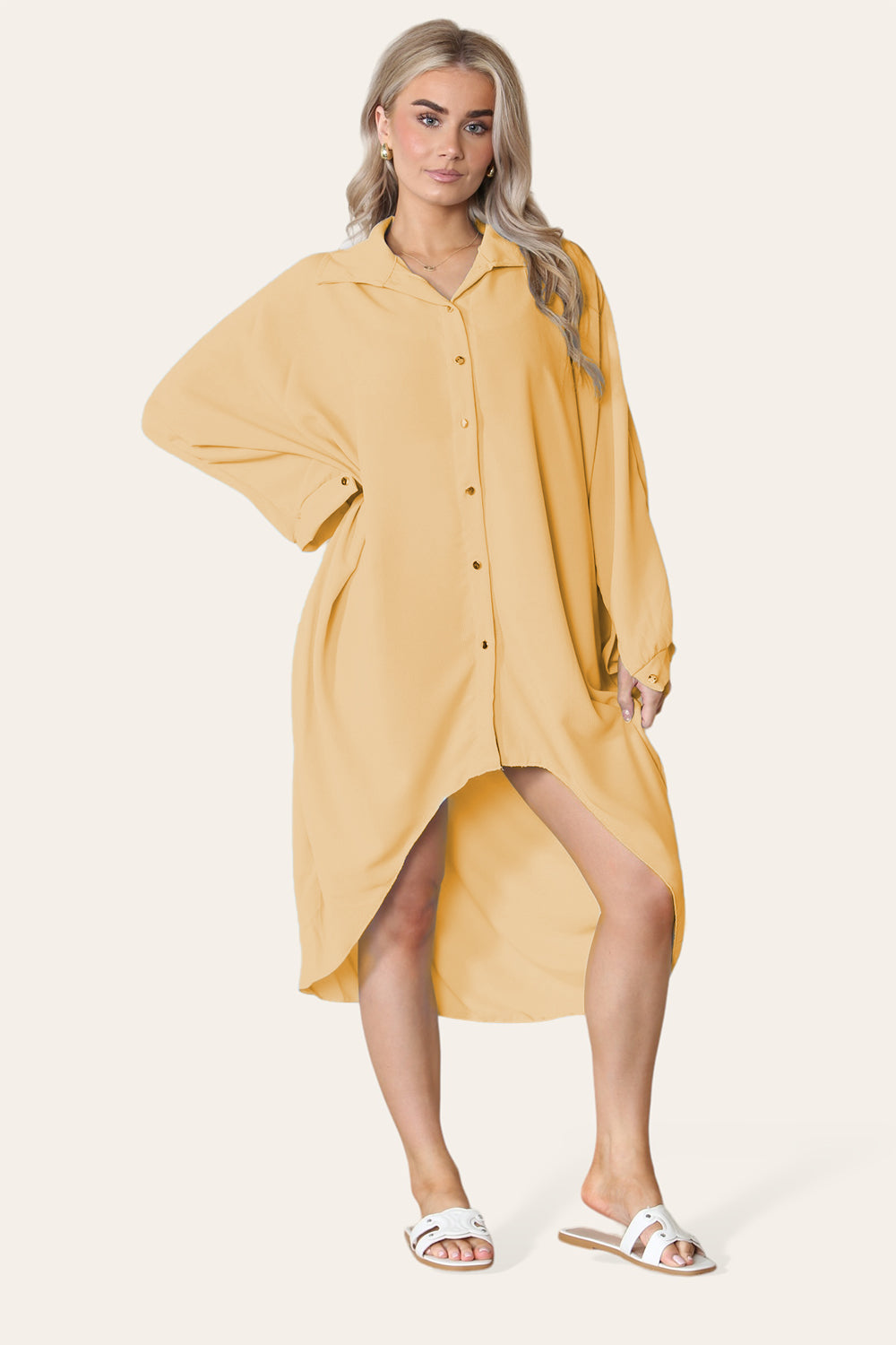 High Low Oversized Button Long Sleeve Top Dress