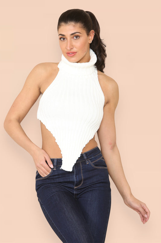 High Neck Roll Knitted Backless Front Cropped Top - AX Labels