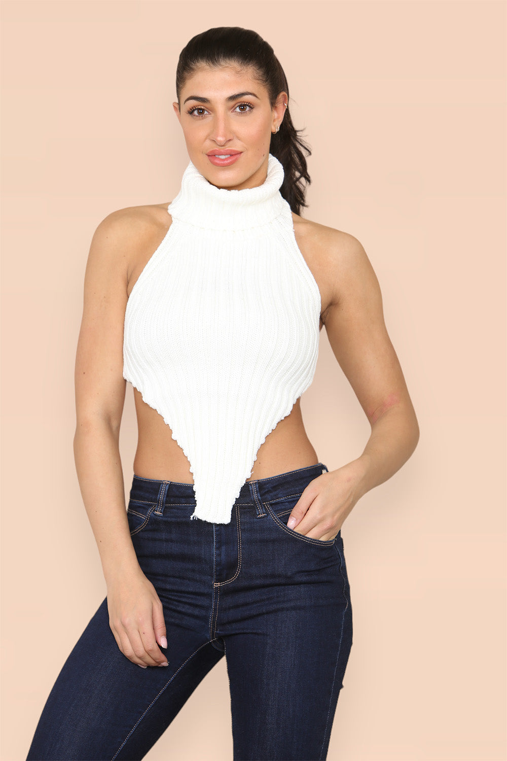 High Neck Roll Knitted Backless Front Cropped Top - AX Labels