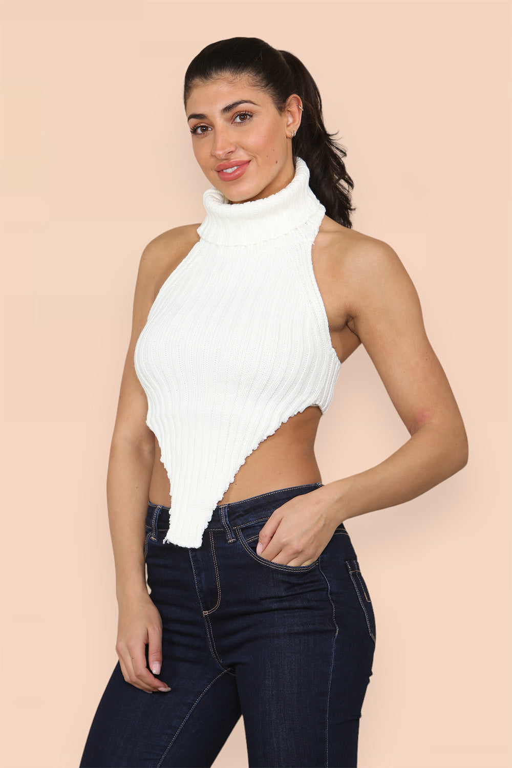 High Neck Roll Knitted Backless Front Cropped Top - AX Labels