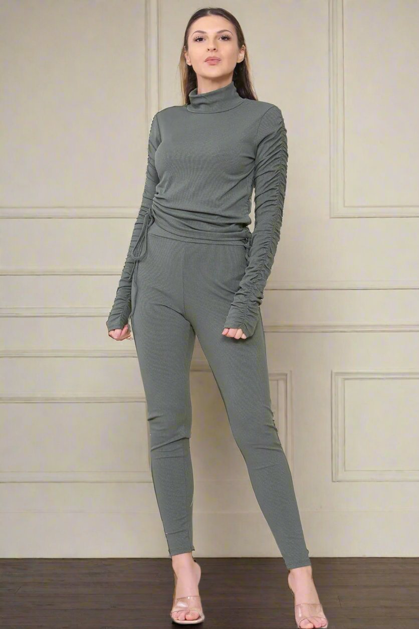 High Neck Ruched Side Arm Solid Drawstrings Ribbed Tee and Leggings Set - AX Labels