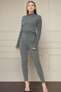 High Neck Ruched Side Arm Solid Drawstrings Ribbed Tee and Leggings Set - AX Labels