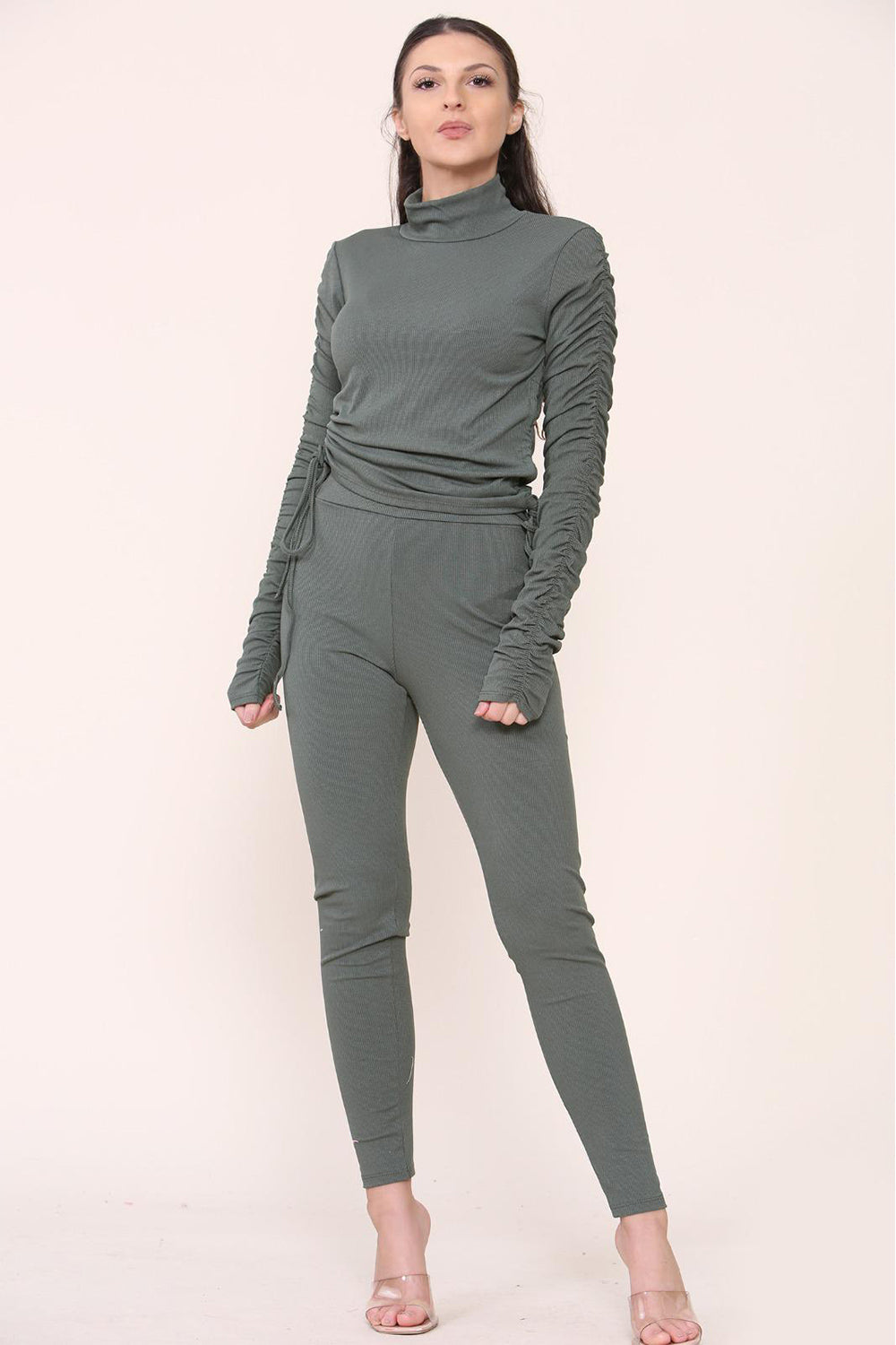 High Neck Ruched Side Arm Solid Drawstrings Ribbed Tee and Leggings Set - AX Labels