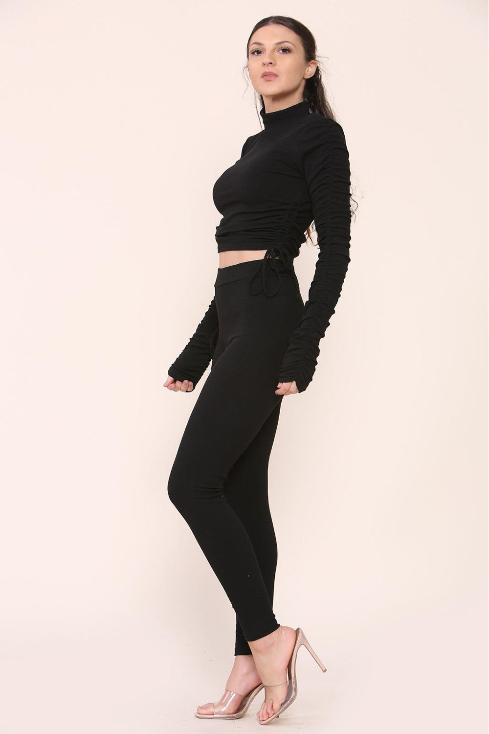 High Neck Ruched Side Arm Solid Drawstrings Ribbed Tee and Leggings Set - AX Labels