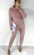 Ladies Chunky Knitted Ribbed Polo High Neck Top Leggings Loungewear Suit Set