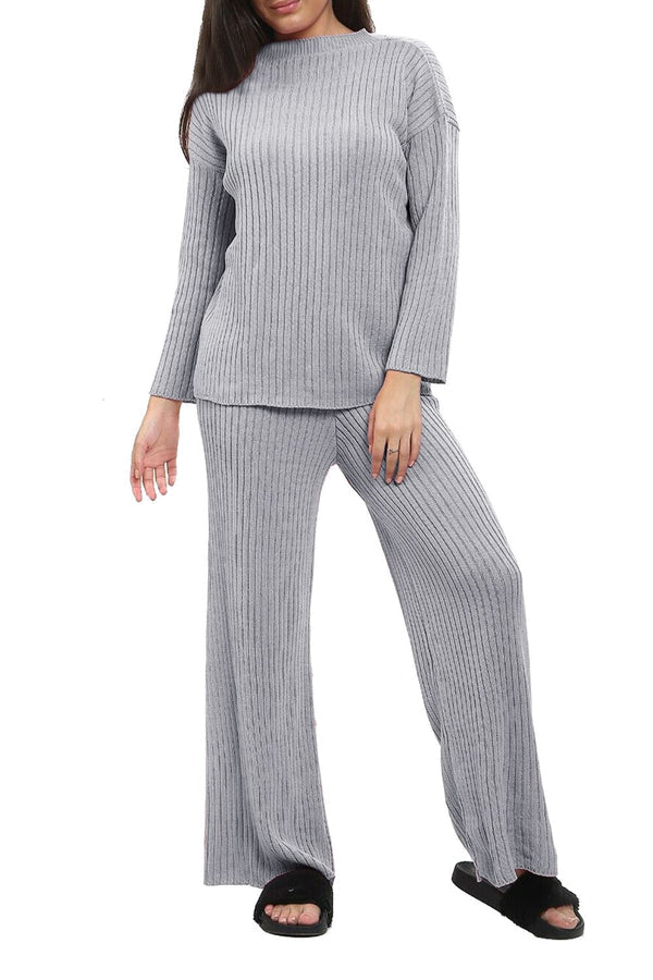 Ladies Chunky Knitted Ribbed Polo High Neck Top Leggings Loungewear Suit Set Silver One Size UK Fit (8-14)