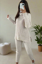 Ladies Chunky Knitted Ribbed Polo High Neck Top Leggings Loungewear Suit Set