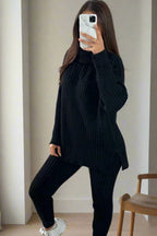 Ladies Chunky Knitted Ribbed Polo High Neck Top Leggings Loungewear Suit Set