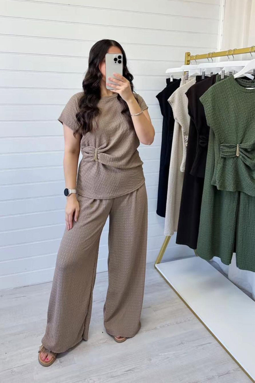 Ladies Gold Clasp Side Ruched Buckle detail Top and Wide Leg Trousers Cheesecloth Lightweight Summer Co-Ord