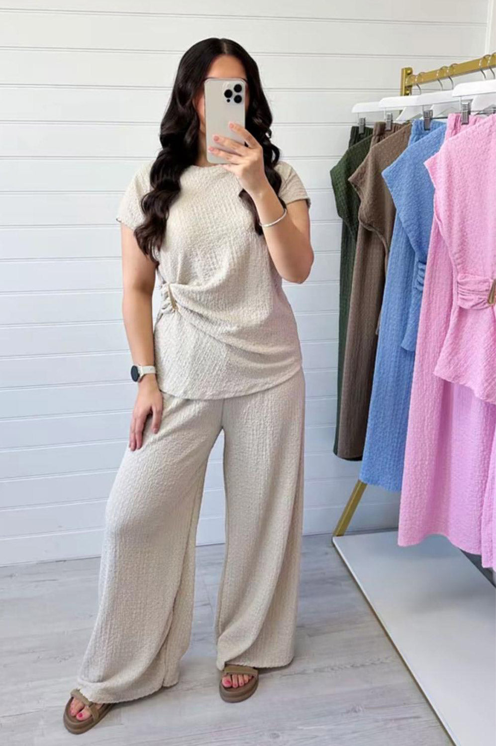 Ladies Gold Clasp Side Ruched Buckle detail Top and Wide Leg Trousers Cheesecloth Lightweight Summer Co-Ord