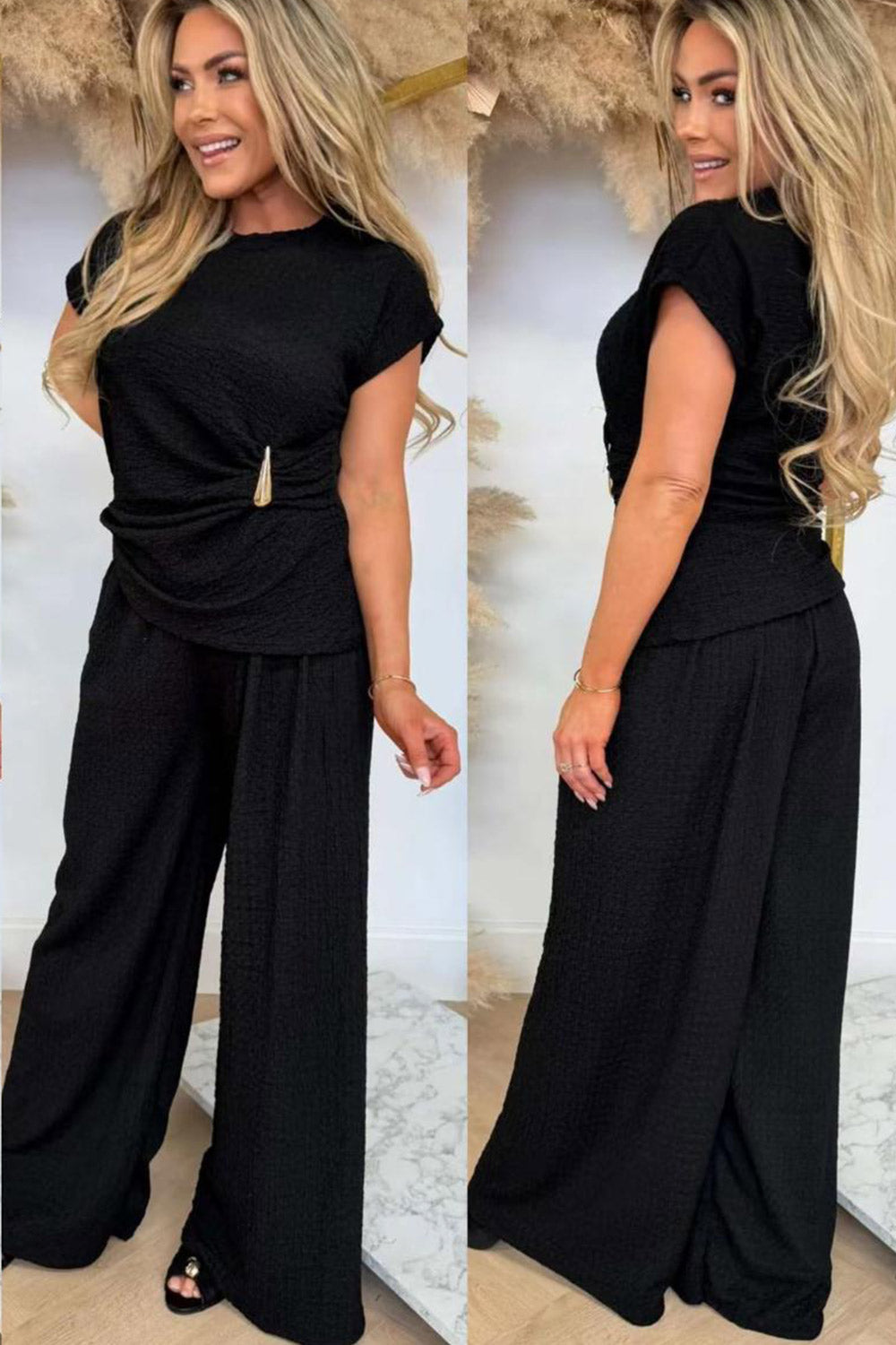 Ladies Gold Clasp Side Ruched Buckle detail Top and Wide Leg Trousers Cheesecloth Lightweight Summer Co-Ord
