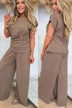 Ladies Gold Clasp Side Ruched Buckle detail Top and Wide Leg Trousers Cheesecloth Lightweight Summer Co-Ord