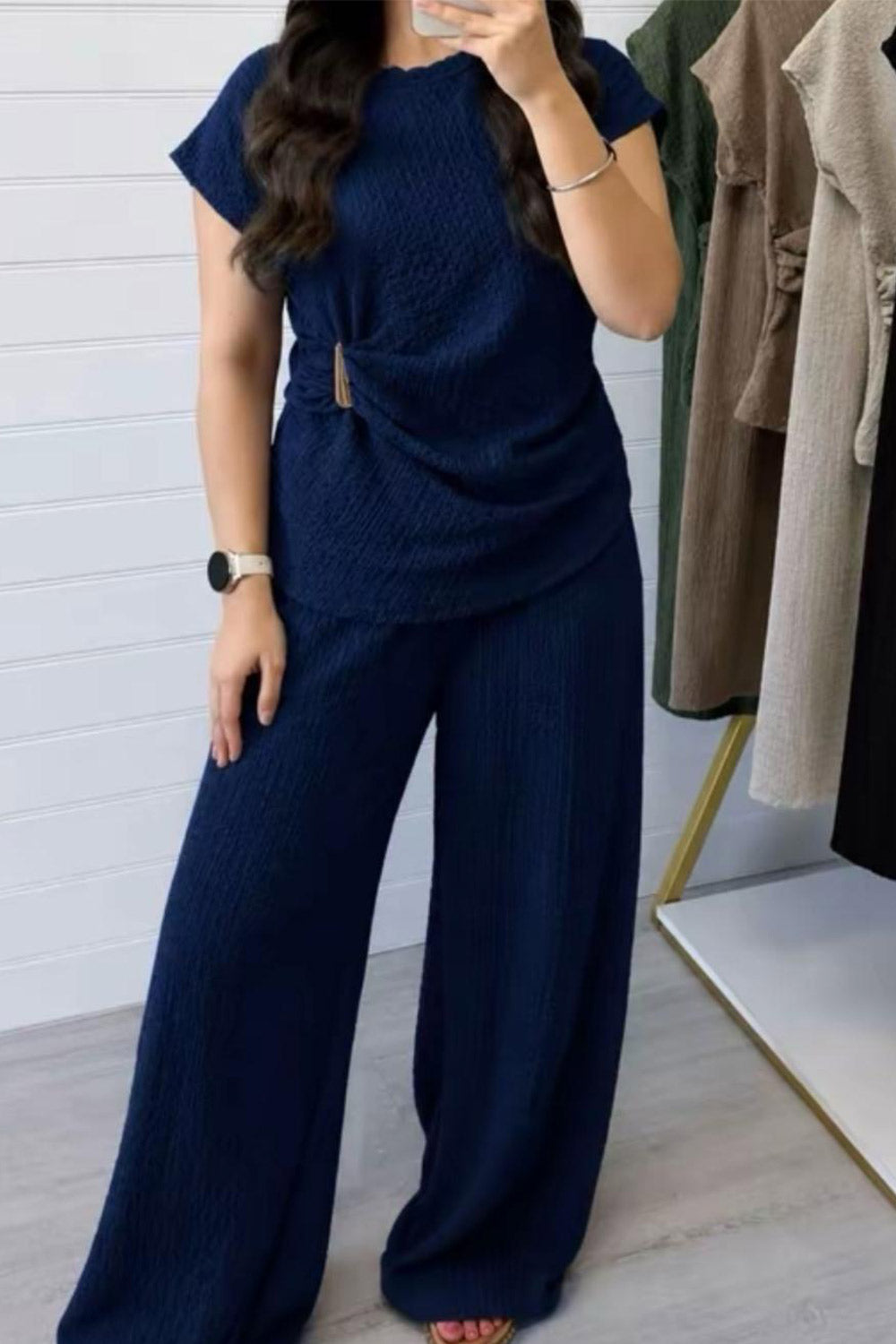Ladies Gold Clasp Side Ruched Buckle detail Top and Wide Leg Trousers Cheesecloth Lightweight Summer Co-Ord