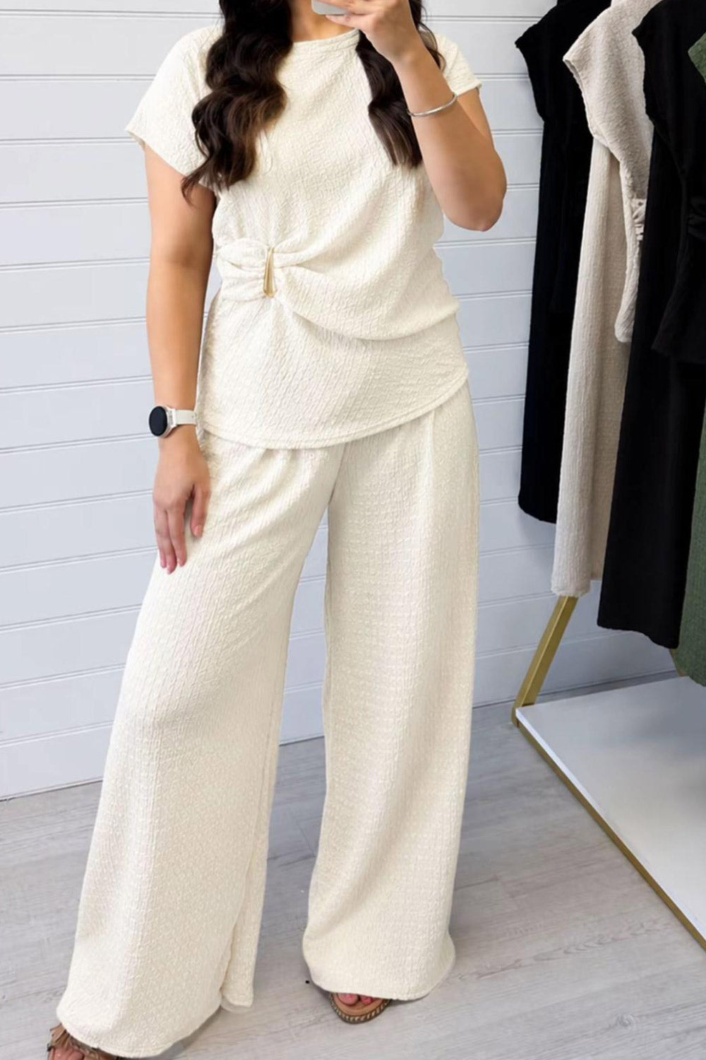 Ladies Gold Clasp Side Ruched Buckle detail Top and Wide Leg Trousers Cheesecloth Lightweight Summer Co-Ord
