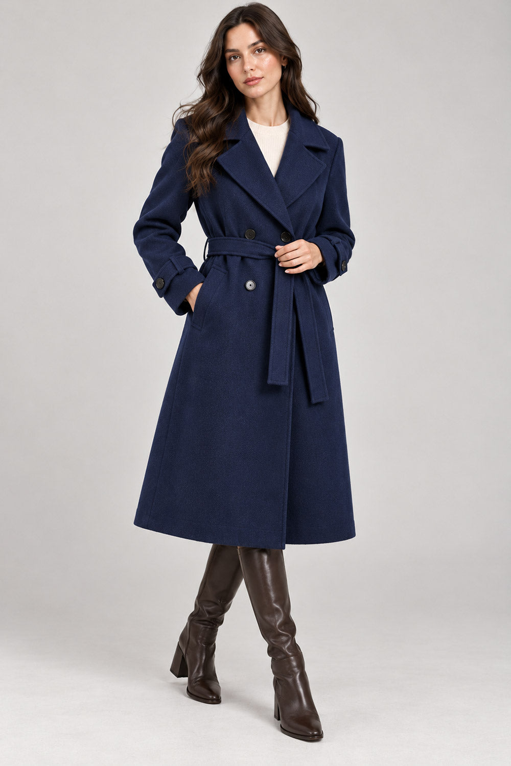 Ladies Long Button on Sleeve Side pockets Belted Button Coat Women’s Jacket