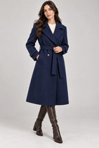 Ladies Long Button on Sleeve Side pockets Belted Button Coat Women’s Jacket
